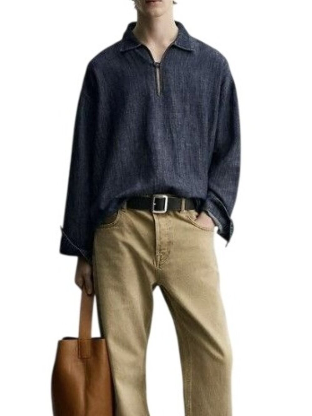 Zara Cotton Linen Blue Denim Shirt Mens Oversized Top Long Sleeve Lapel Collar